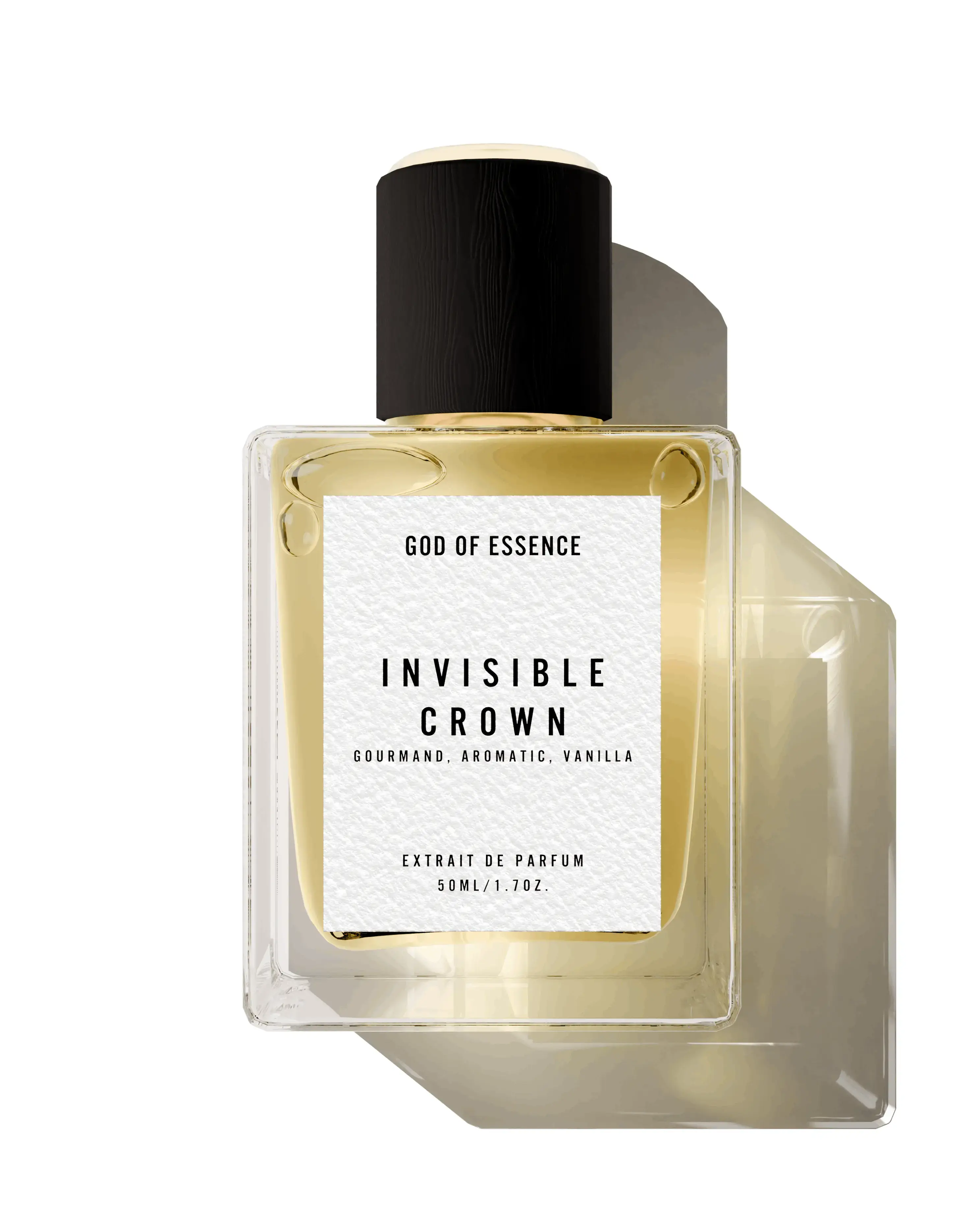 Perfume bottle labeled 'Invisible Crown' on a white background