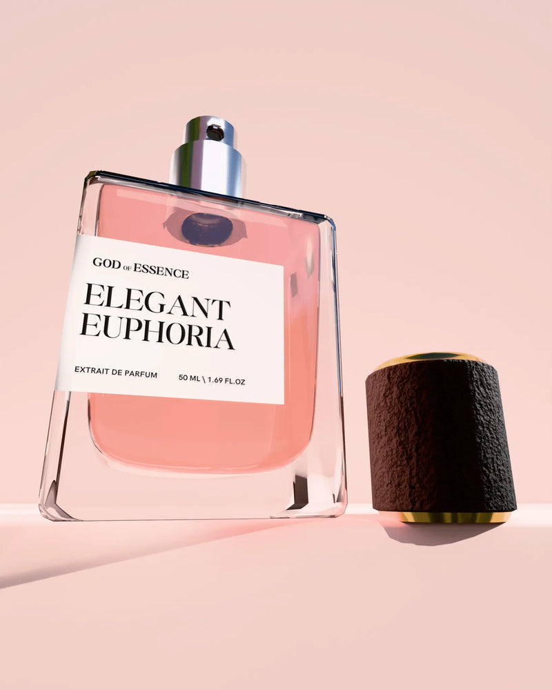 Elegant Euphoria gardenia and peony perfume for women on a blush pink background