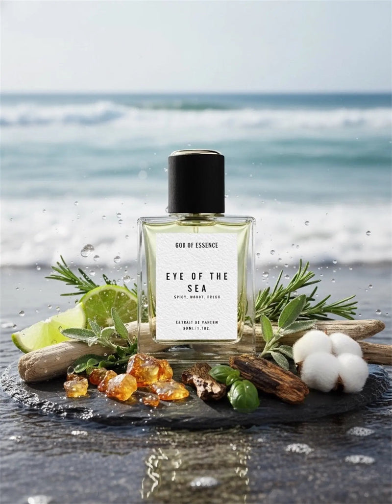 Eye of the Sea fresh aquatic perfume for men and women by the sea with lime, rosemary, amber and driftwood