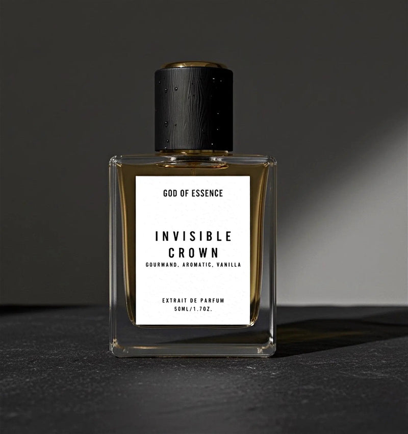 Invisible Crown vanilla perfume for men on a dark stone surface