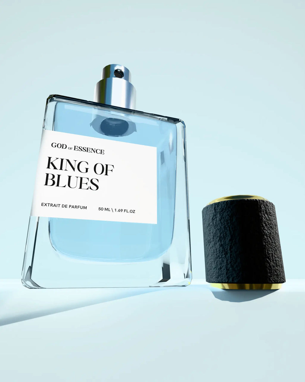 KING OF BLUES luxury men’s fragrance bottle with smoky cedarwood notes