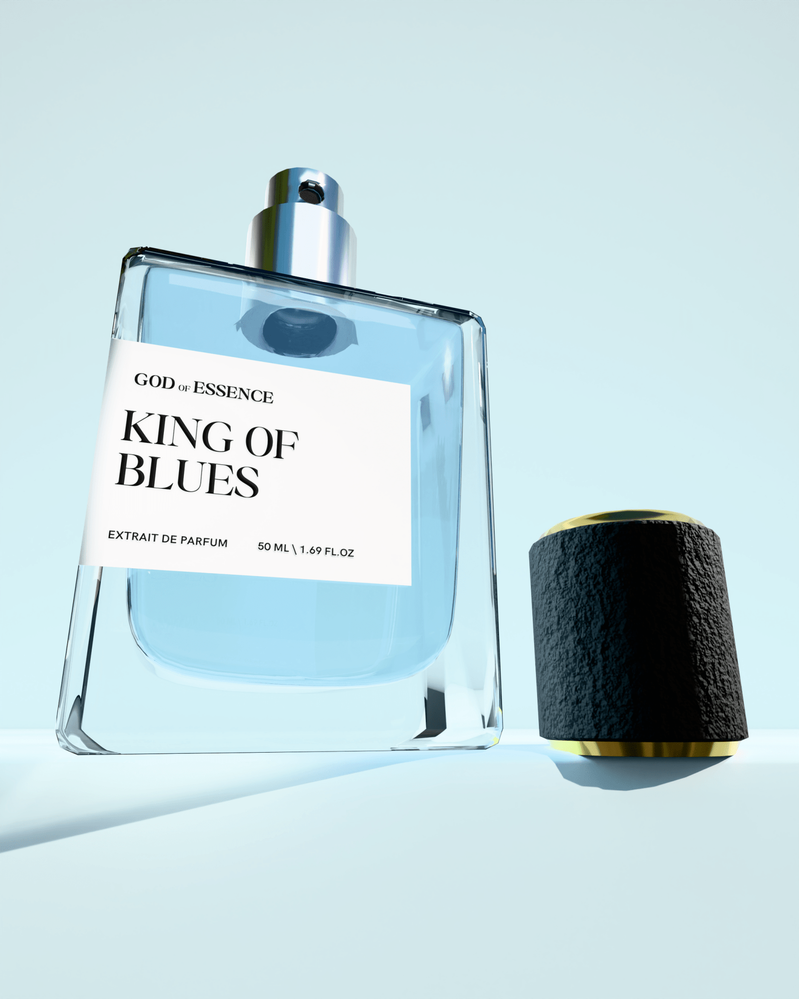 KING OF BLUES luxury men’s fragrance bottle with smoky cedarwood notes