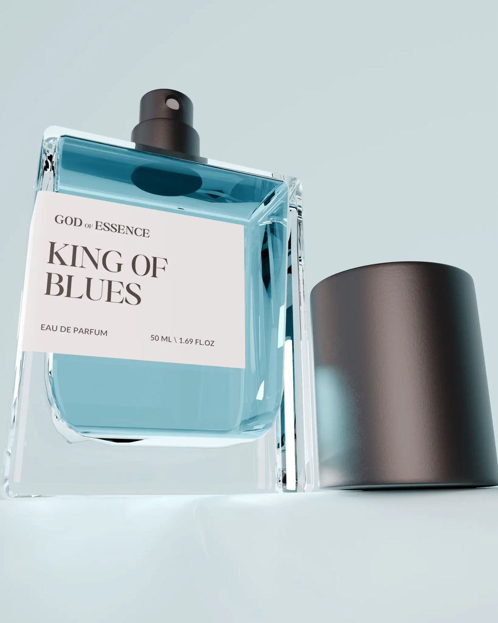 KING OF BLUES luxury men’s fragrance bottle with smoky cedarwood notes