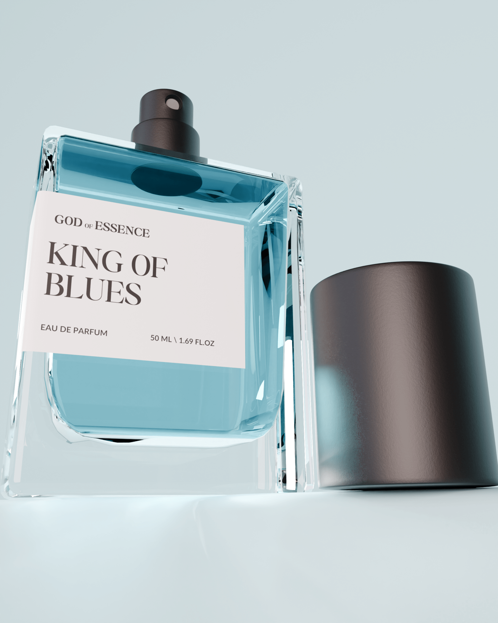 KING OF BLUES luxury men’s fragrance bottle with smoky cedarwood notes