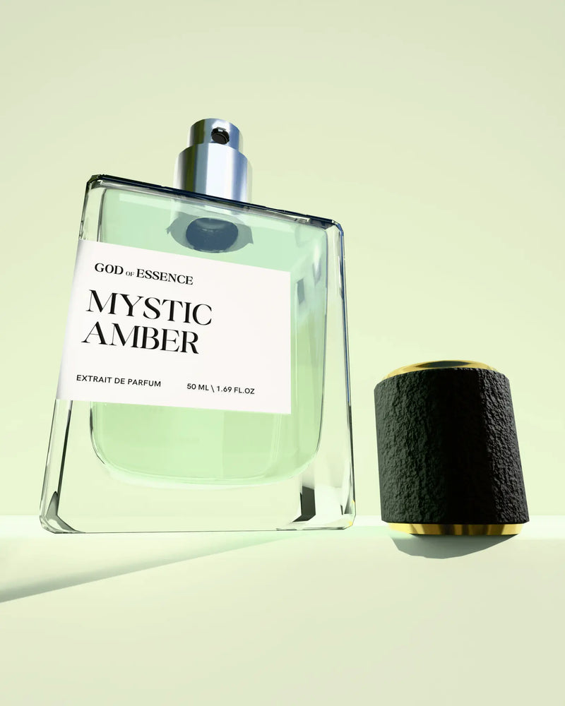 Mystic Amber saffron and tobacco perfume for men, 50 ml extrait de parfum on a sage green background