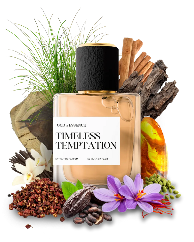 Timeless Temptation notes: saffron, cardamom, cinnamon, oud wood, vanilla, tonka bean and amber